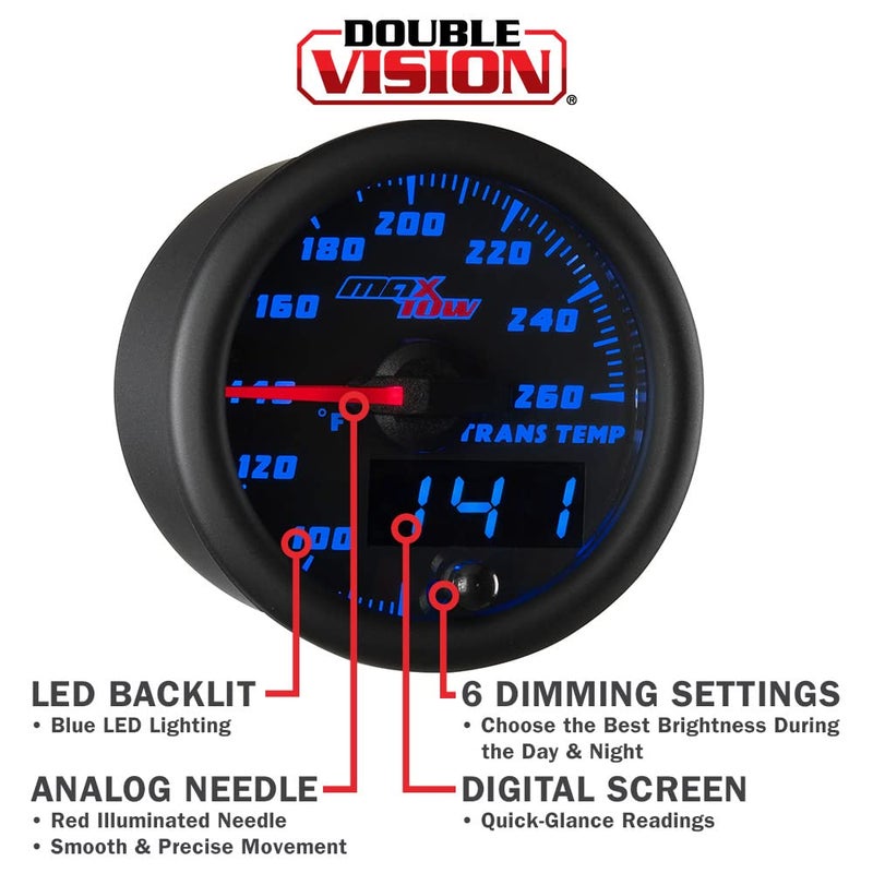 MaxTow Double Vision 260 F Transmission Temperature Gauge Kit - Includes Electronic Sensor - Black Gauge Face - Blue LED Illuminated Dial - Analog & Digital Readouts - for Trucks - 2-1/16" 52mm - Image 4